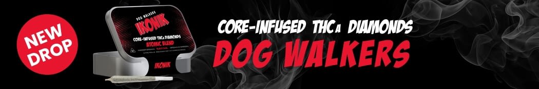 Image of a product advertisement featuring THC-infused dog walkers with a bold "New Drop" label and smoke graphics.