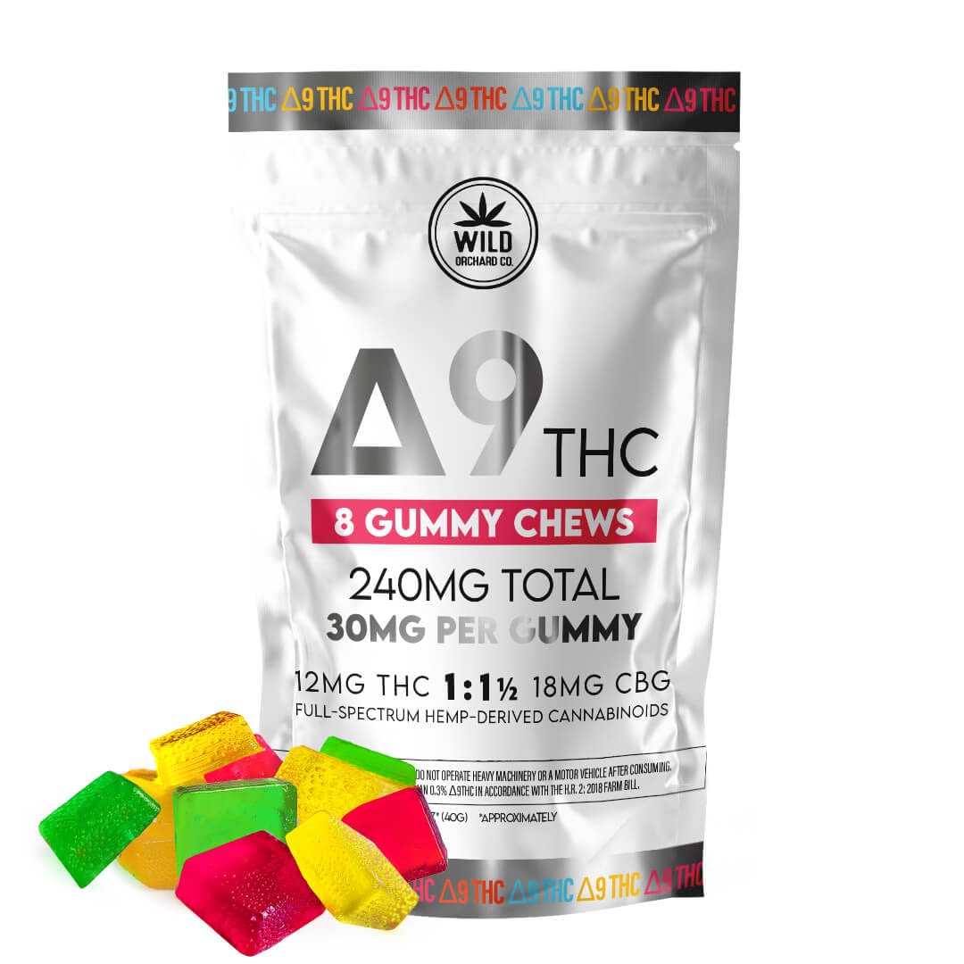 A package of Delta 9 Gummies sits beside six colorful edibles, indicating a total of 240mg (30mg per gummy). Ingredients and the company logo are displayed at the top.