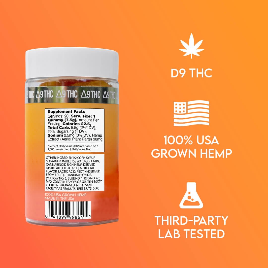 The Delta 9 Peach Rings container showcases a label with supplement facts, D9 THC, and THCa. It emphasizes USA-grown hemp and third-party lab testing on a gradient background—ideal for cart enthusiasts valuing quality assurance.