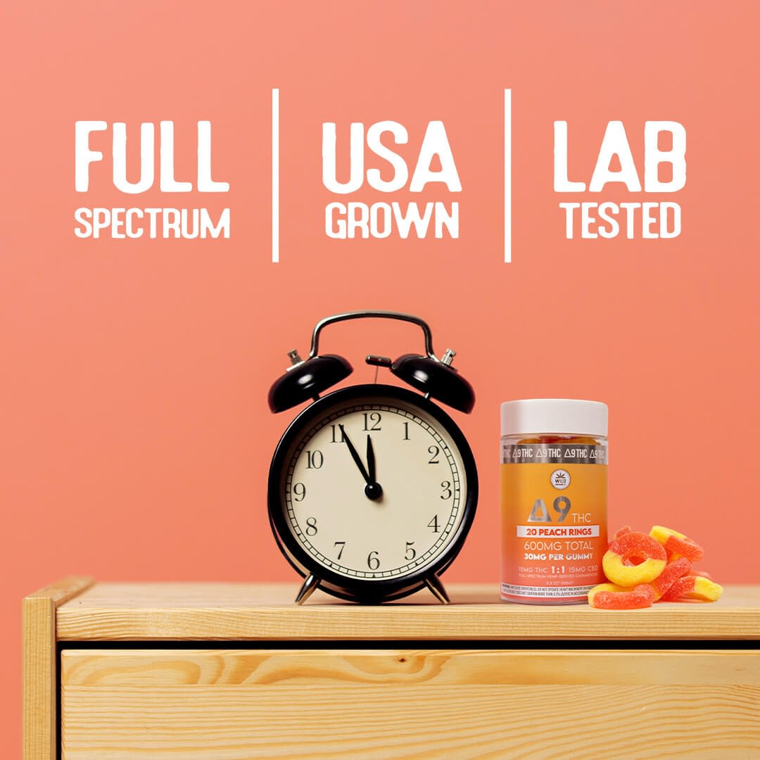 A Delta 9 Peach Rings container and an alarm clock sit on a wooden surface with an orange backdrop, displaying "Full Spectrum," "USA Grown," and "Lab Tested." This vibrant scene echoes the colorful world of edibles.