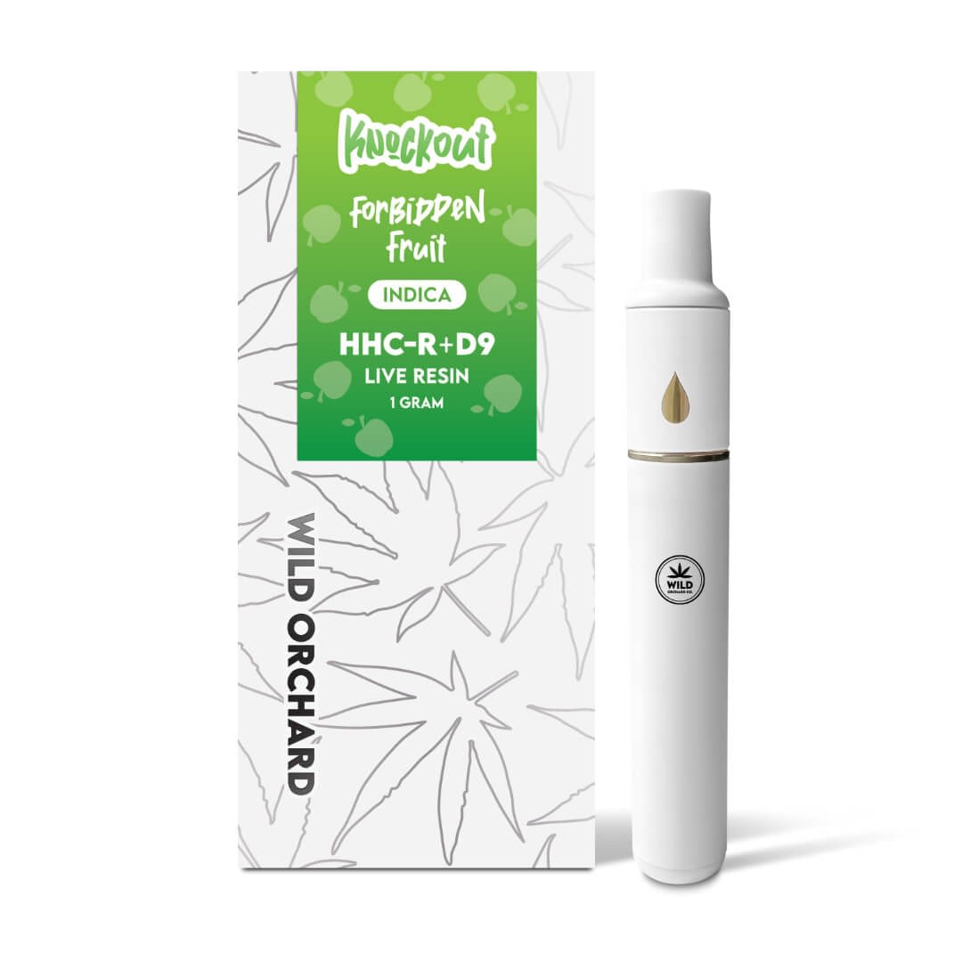 A white vape pen sits next to a box labeled "Knockout Strawberry Cough HHC-R Live Resin, 1 Gram," featuring cannabis leaf designs and "Wild Orchard" branding. This sleek vape offers a flavorful experience, capturing the innovative spirit of THCp-infused products.