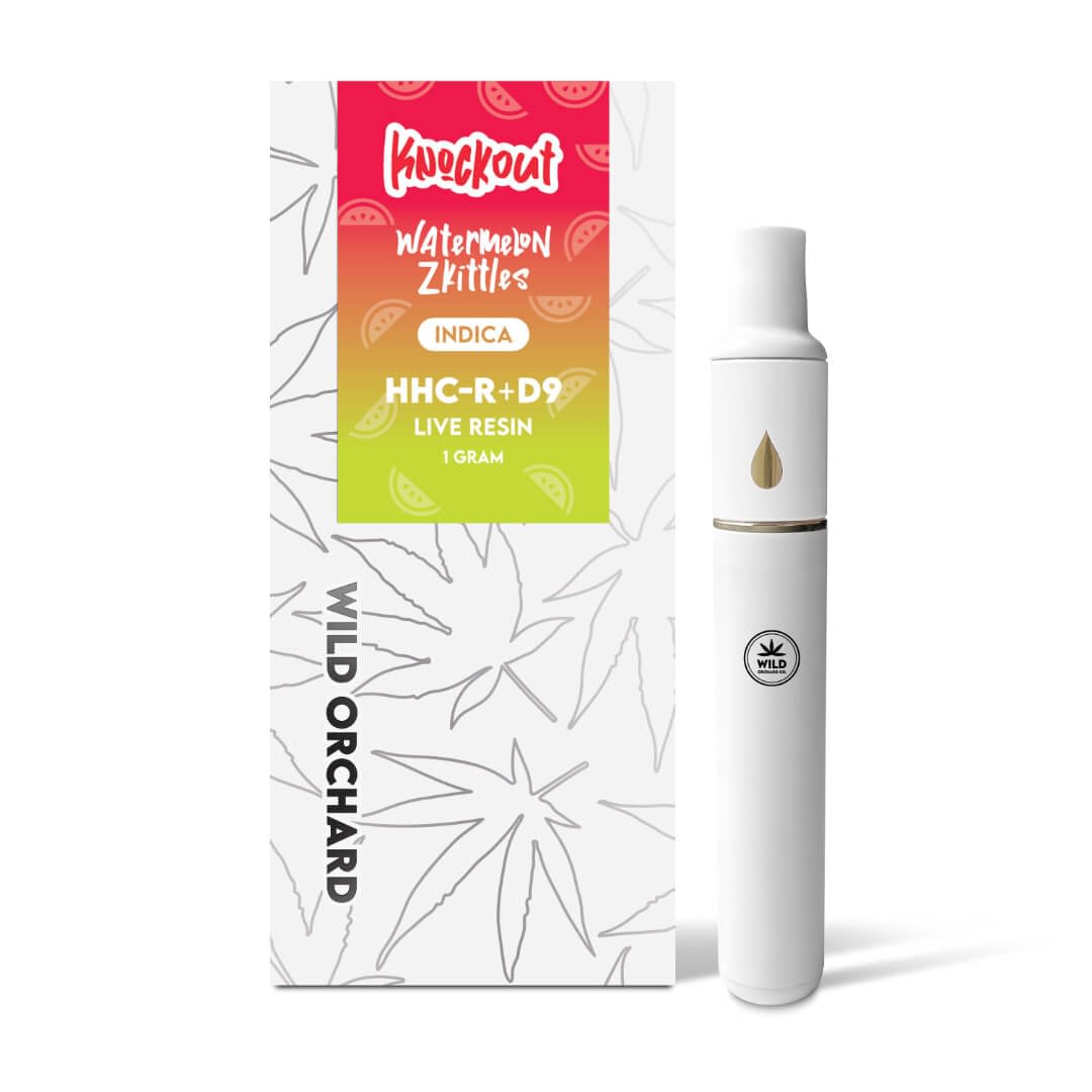 Box and pen of Knockout "Strawberry Cough” HHC-R Live Resin Vape 1 Gram, featuring cannabis leaf design, nestled perfectly for enthusiasts who appreciate the finer details in their carts.