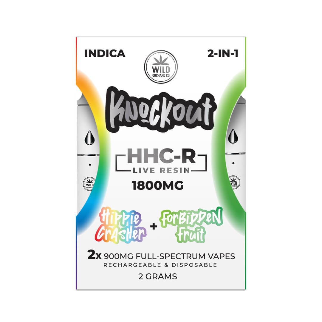 The Wild Orchard Co. packaging for 2-in-1 Knockout HHC-R Live Resin vape carts, marking 1800mg, includes flavors "Hippie Crasher" and "Forbidden Fruit." Each has two 900mg units. These 1.5G carts are designed to be both reusable and disposable for convenience.