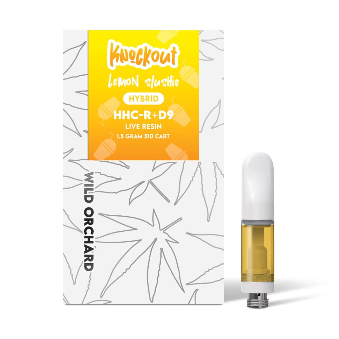 The sleek Knockout "Watermelon Zkittles” by Wild Orchard, a hybrid HHC-R live resin, delivers 1.5 grams of flavorful delight in a 510 cart, perfect for vape enthusiasts seeking an invigorating experience.