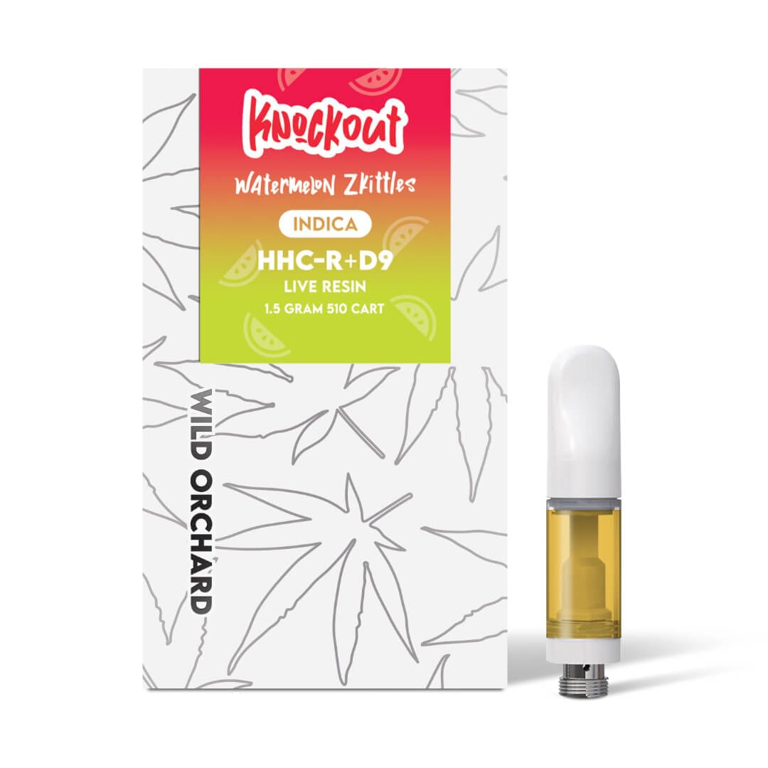 The Knockout "Watermelon Zkittles" HHC-R Live Resin 510 Cart 1.5G from Wild Orchard features sleek packaging, ideal for vape enthusiasts.