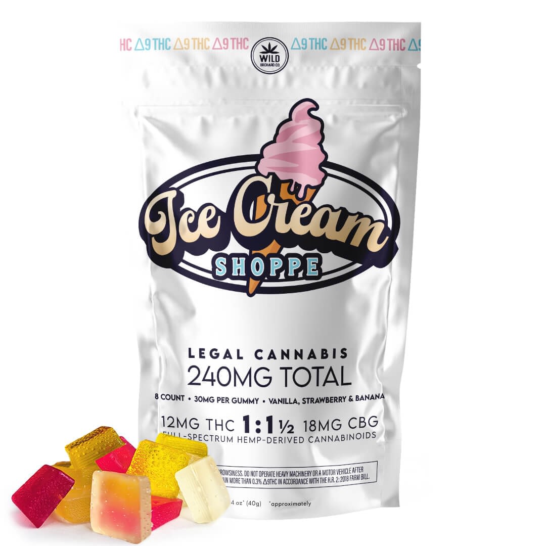 A colorful packet labeled "Delta 9 Gummies - Ice Cream Shoppe" displays legal cannabis gummies infused with vanilla, strawberry, and banana flavors. Featuring THCp and CBG content details, these tempting treats are showcased alongside the packet.