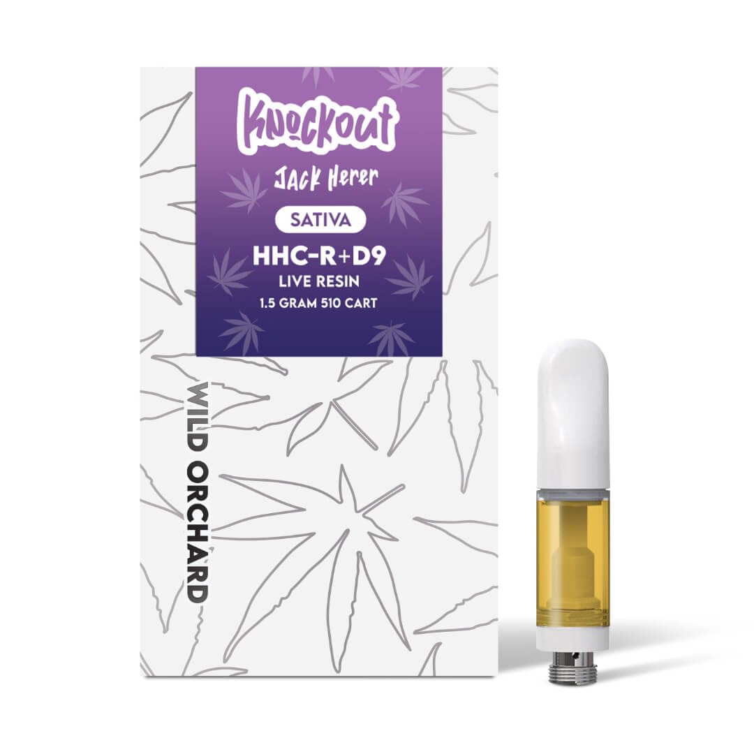 The Wild Orchard Knockout "Jack Herer" HHC-R Live Resin 510 Cart 1.5 Gram features a cannabis leaf design on its packaging, emphasizing its powerful HHC-R composition for an elevated experience.