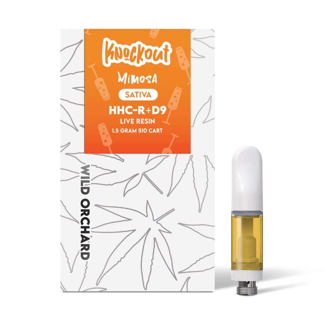 Packaging for "Knockout 'Jack Herer'" features a box with leaf patterns and an HHC-R live resin vape cartridge, 1.5 gram.