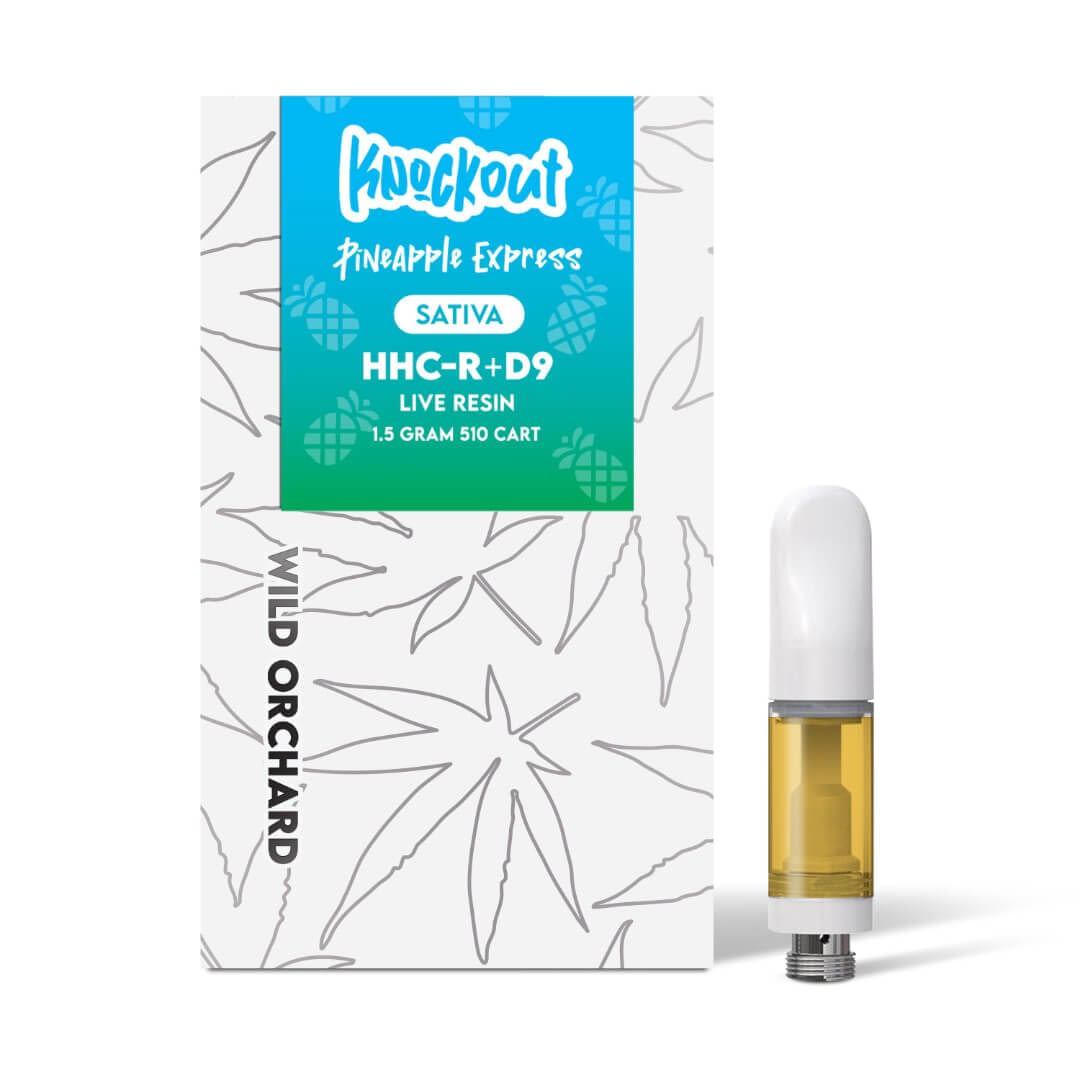 The "Knockout Jack Herer" HHC-R Live Resin 510 Cart 1.5 Gram by Wild Orchard sits beside its leaf-patterned packaging, showcasing their premium carts collection.