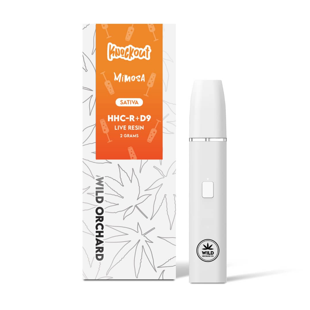 A sleek white vape pen is next to a vibrant box labeled "Knockout 'Jack Herer' HHC-R Live Resin Vape, 2 grams," featuring cannabis leaf graphics. This setup promises an exceptional vaping experience enhanced by THCp's potency.