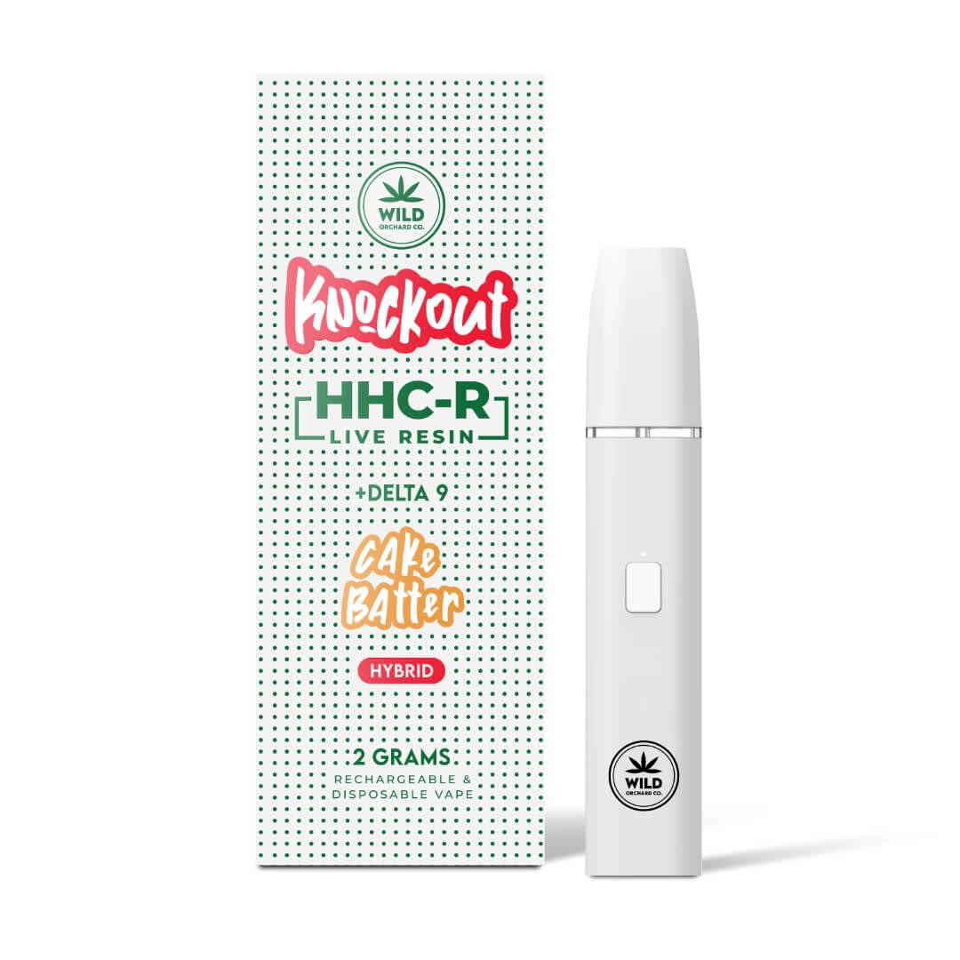 A white vape pen is next to green packaging labeled "Knockout HHC-R Live Resin," showcasing "Strawberry Sprinkles" and offering 2 grams in a rechargeable & disposable format, ideal for aficionados of carts looking for an elevated, flavorful session.