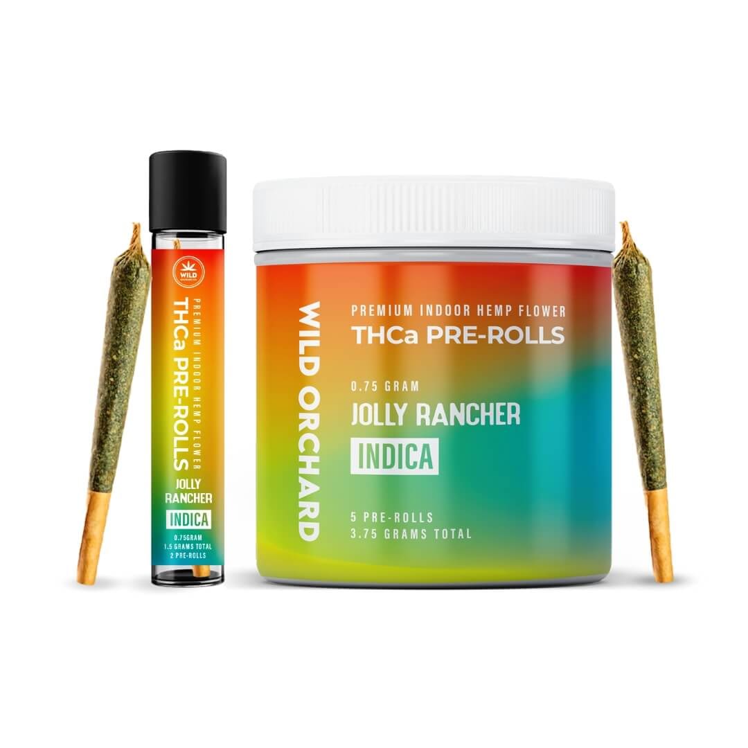 The "Jolly Rancher" THCa Pre-Rolls from Wild Orchard include a container and tube with two pre-rolls placed beside the packaging.