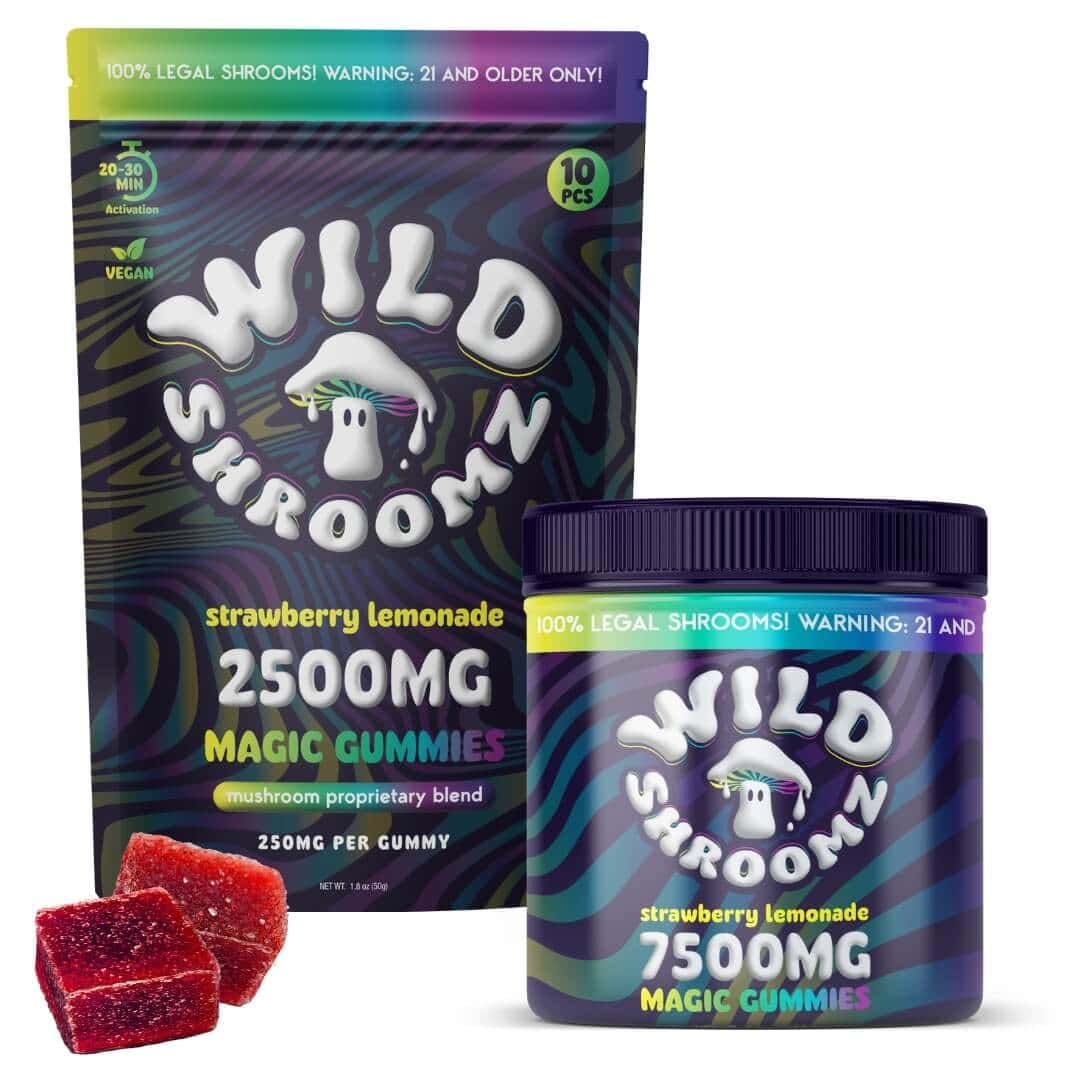 Introducing the Wild Shroomz magic gummies in strawberry lemonade flavor, now featuring HHC-R for an enhanced experience. Each set includes a 2500mg bag and a 7500mg tub, both decorated with our signature mushroom logo.
