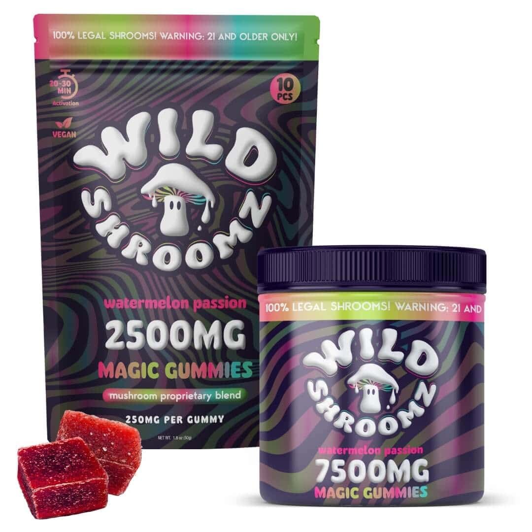 The packaging of Wild Skroomz Magic Gummies, available in delicious watermelon passion flavor, offers options of 2500mg and 7500mg. Each gummy features a unique mushroom proprietary blend enhanced with THCa for an extraordinary experience.