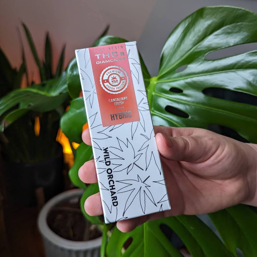 A hand holding a box of CBD oil in front of a plant with THCa Diamond "Tiger Blood" Live Resin Vape Half Gram diamonds.