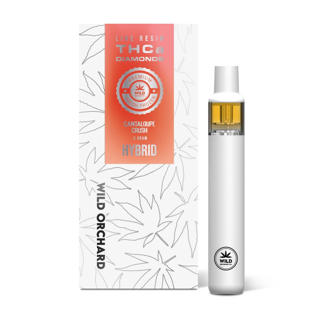 A box with a White Cantaloupe Crush THCa Diamond Live Resin Vape Half Gram and a white box.