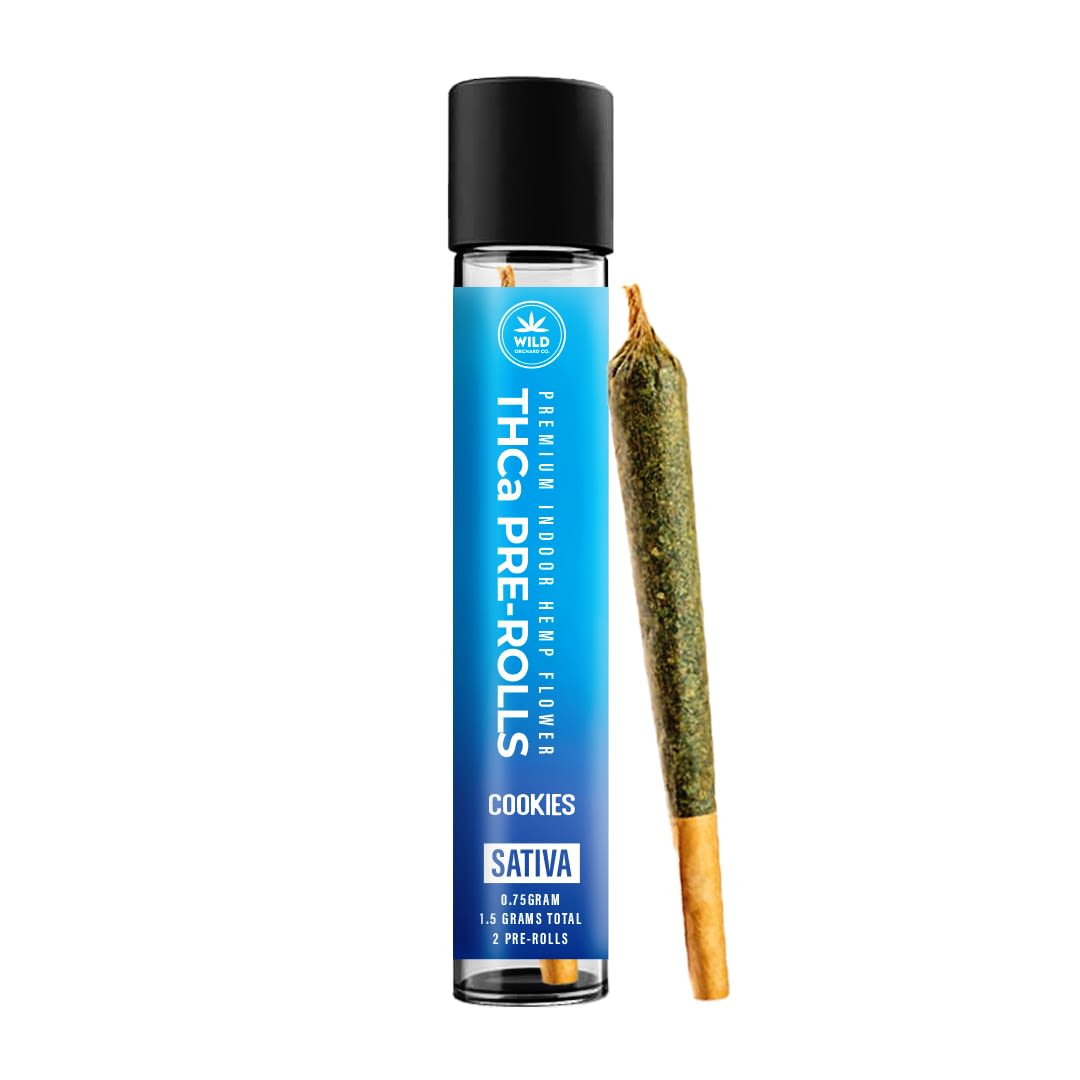 A clear glass tube labeled "THCa Pre-Rolls" containing premium indoor hemp flower and cannabis, featuring 2 pre-rolled joints of "Cookies Sativa" with a total weight of 1.5 grams. One joint is placed beside the tube for display.