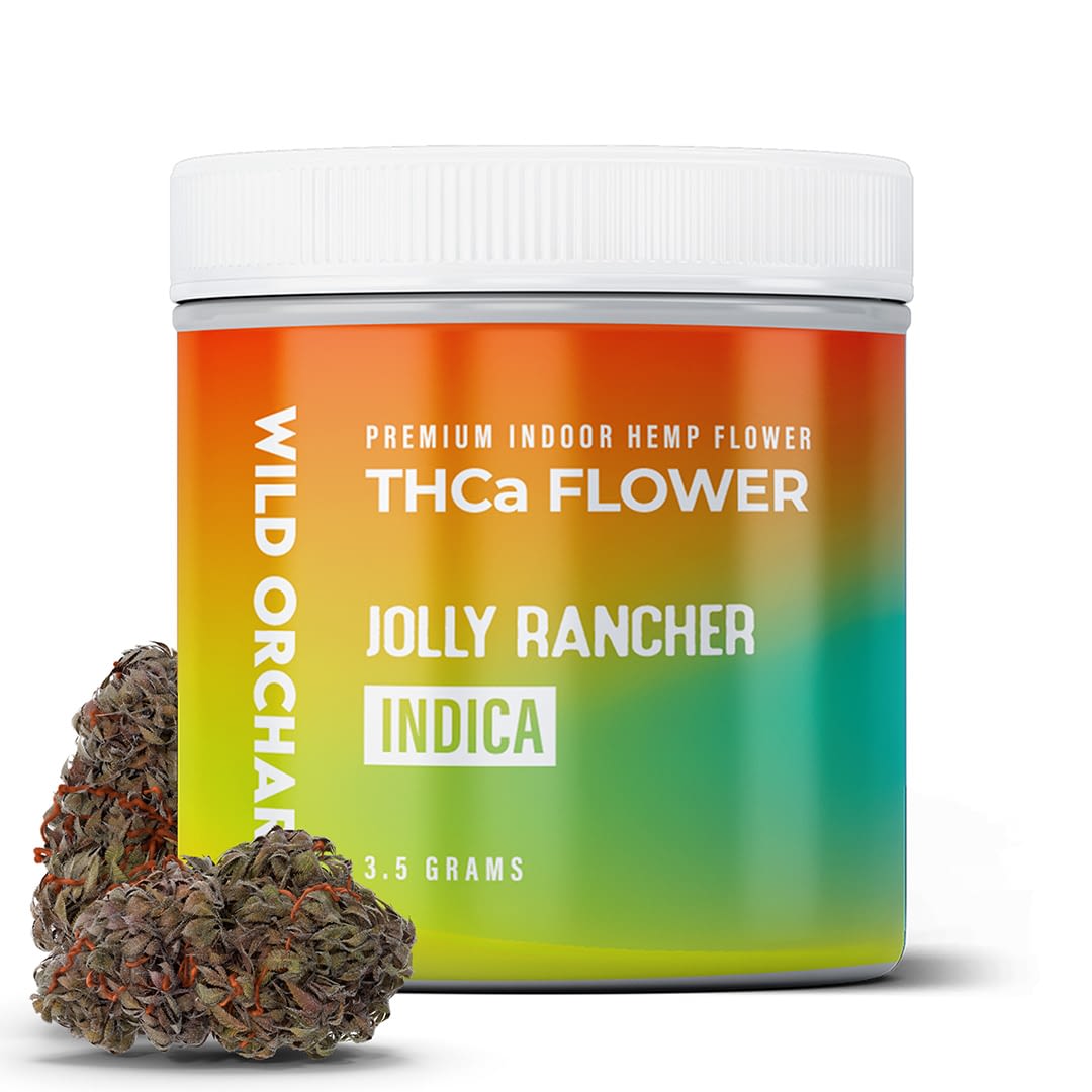 A container labeled "THCa Flower" boasts vibrant packaging next to two small hemp buds. It highlights "Premium Indoor Hemp Flower" and "Wild Orchard," with a net weight of 3.5 grams.