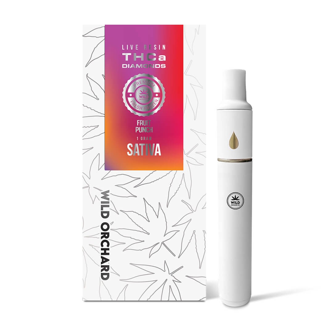 A sleek white vape pen lies beside a vibrant box labeled "THCa Diamond 'Tiger Blood' Live Resin Vape," offering a full gram of pure delight.