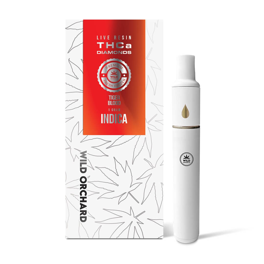 The 1-gram "Tiger Blood" THCa Diamond Live Resin vape showcases "Wild Orchard" branding and offers a premium experience with live resin infusion, perfect for those seeking an elevated journey.