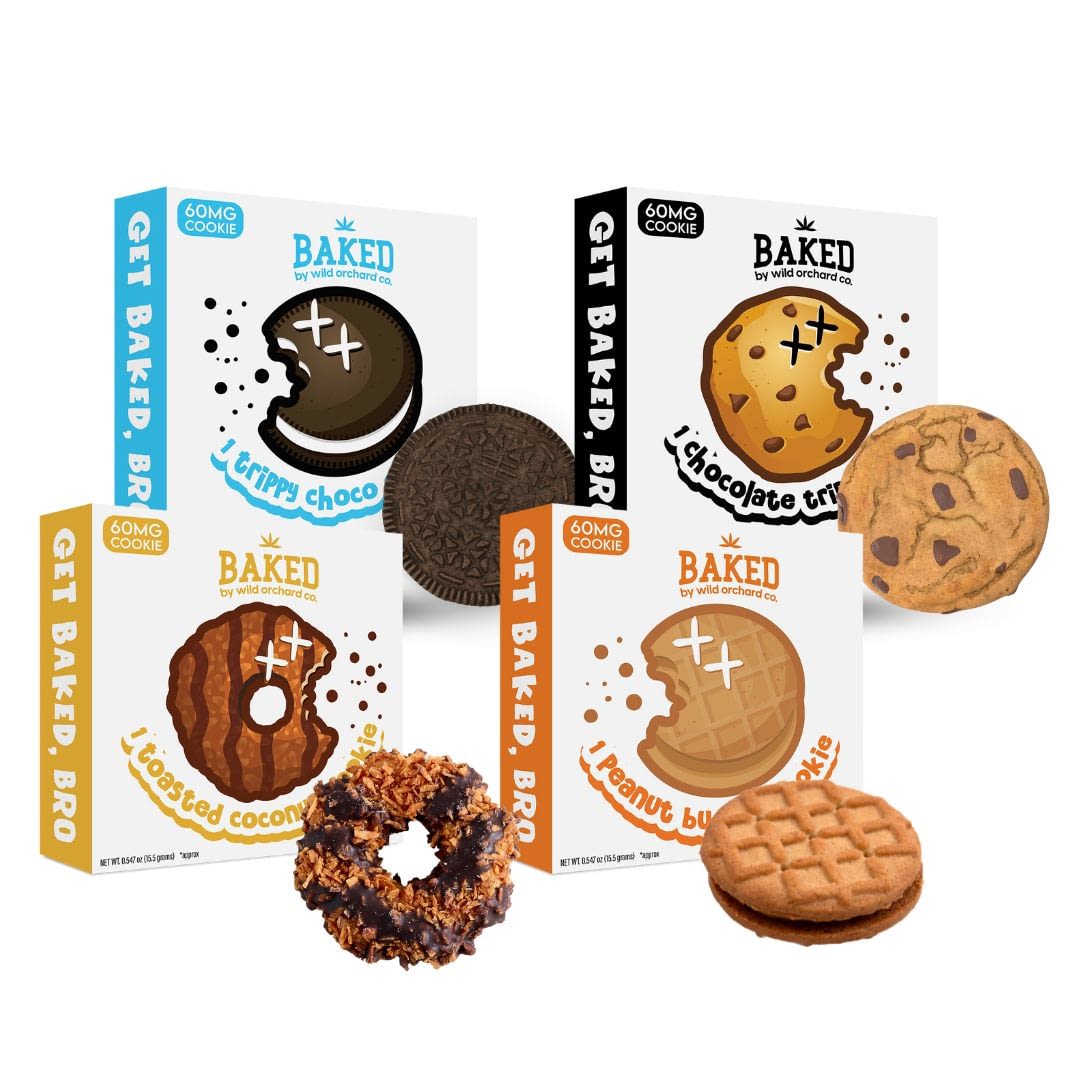 Enjoy the Baked Delta-9 Mini Cookie Bundle, featuring unique flavors like chocolate chip, trippy choco, and spiced butter. Each box includes enticing images of these delicious cookies.