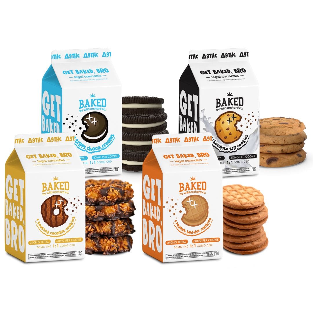 Five colorful cartons labeled "Baked Delta-9 Mini Cookie Bundle" feature Delta-9 infused cookies and chocolate, surrounded by stacks of assorted goodies like chocolate chip and sandwich cookies in mini packs.