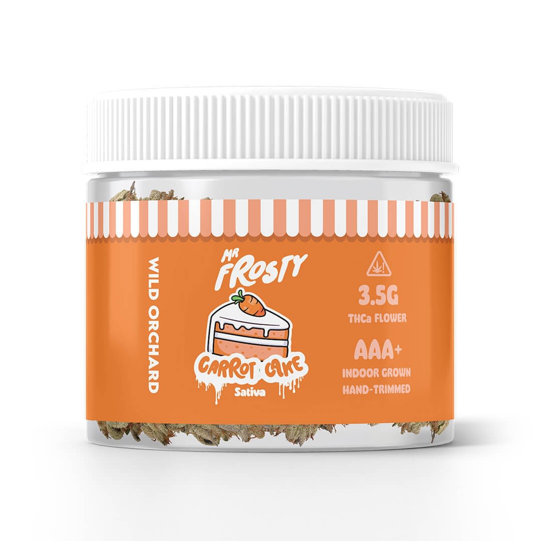 A clear plastic jar labeled "Mr. Frosty THCa Flower 'Marshmallow'," containing 3.5g of indoor-grown, hand-trimmed THCa Flower, with an orange and white design reminiscent of sweet marshmallow treats.