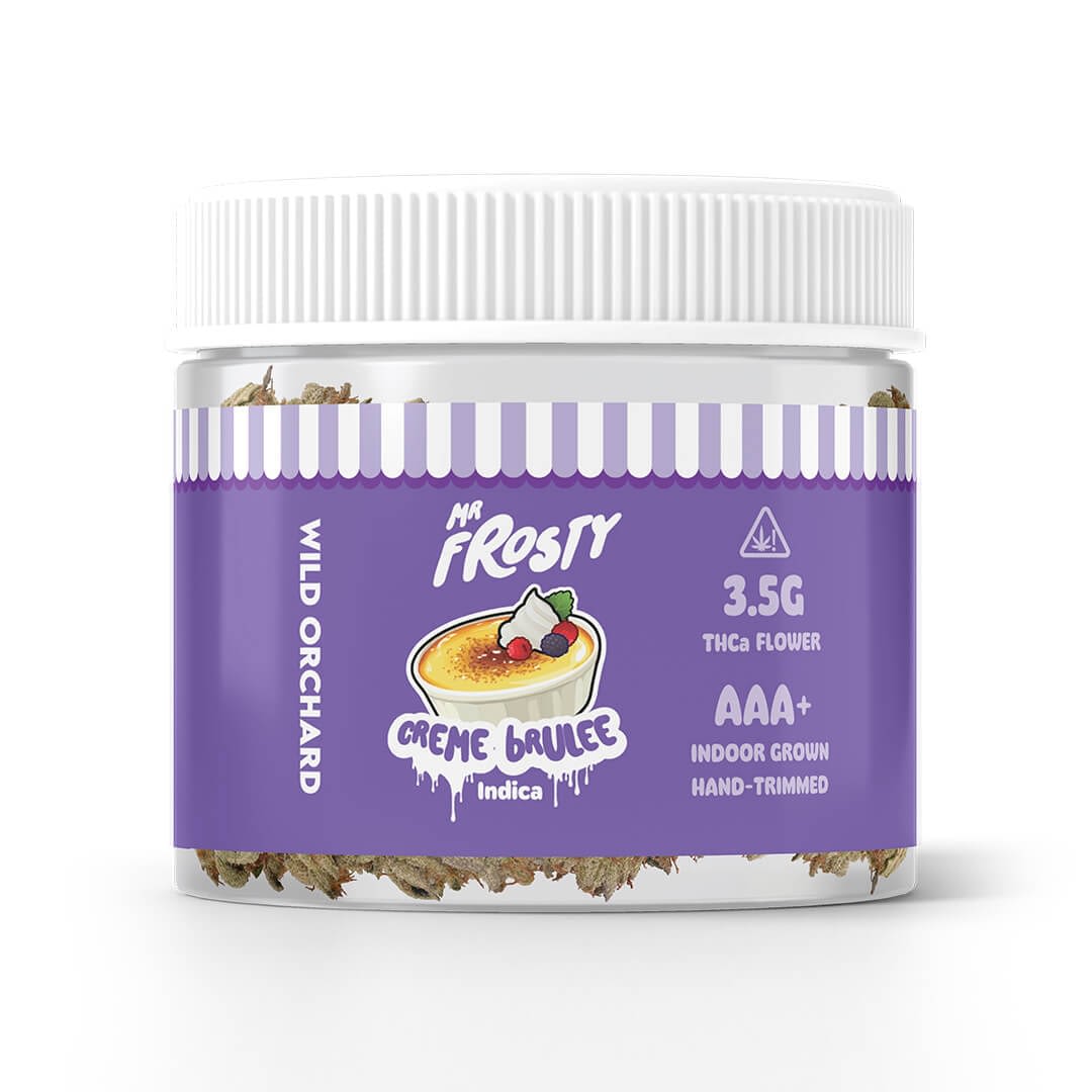 A clear plastic jar labeled "Mr. Frosty THCa Flower 'Marshmallow'" contains 3.5g of premium AAA+ indoor-grown, hand-trimmed THCa flower with wild orchard notes and Mr. Frosty's signature marshmallow essence.