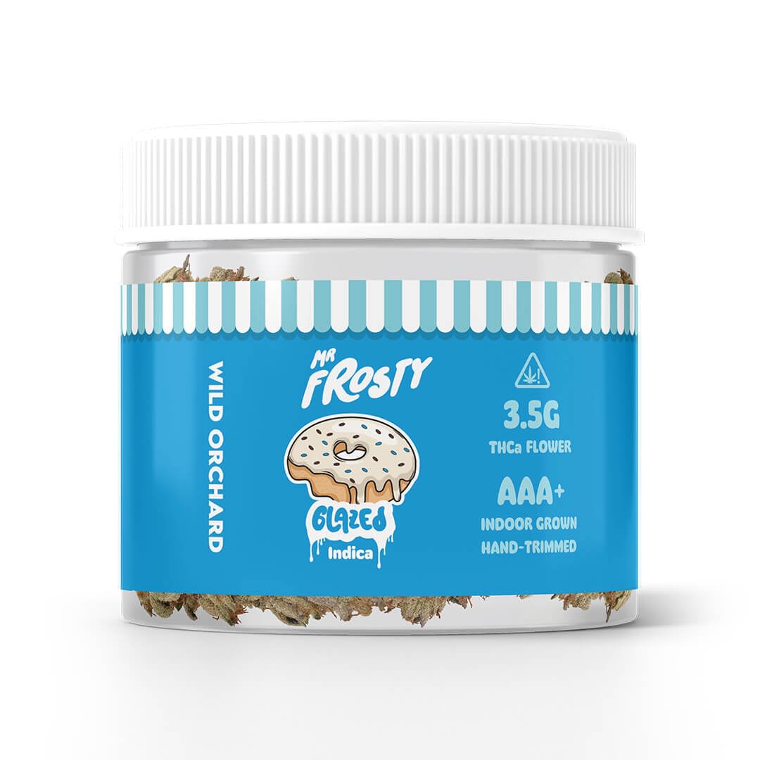 A clear plastic jar with a blue label reads "Mr. Frosty THCa Flower 'Marshmallow'," and contains 3.5g of indoor-grown, hand-trimmed THCa flower.
