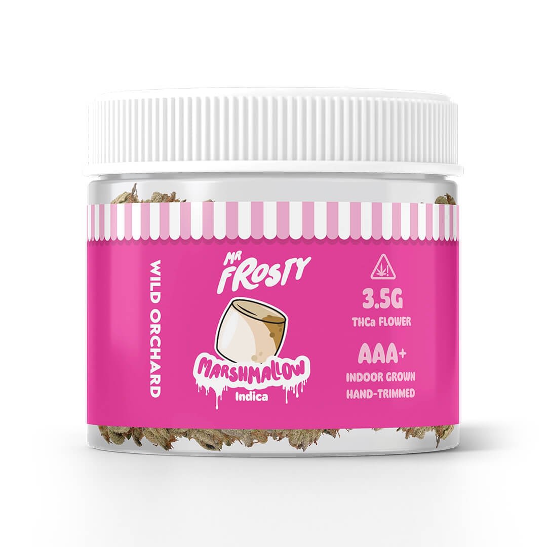 A clear jar of Mr. Frosty THCa Flower "Marshmallow" (3.5g, AAA+, indoor-grown, hand-trimmed) features a pink label with a cartoon marshmallow and offers a wild orchard flavor for a fun, premium experience.