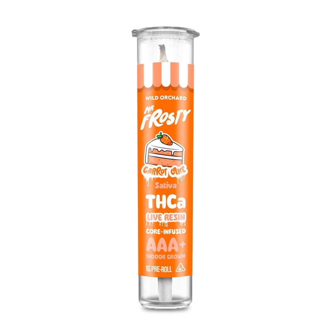 A cylindrical container holds a "Mr. Frosty Live Resin 2G Vape 'Creme Brulee'" crafted with premium live resin for a smooth, elevated experience.