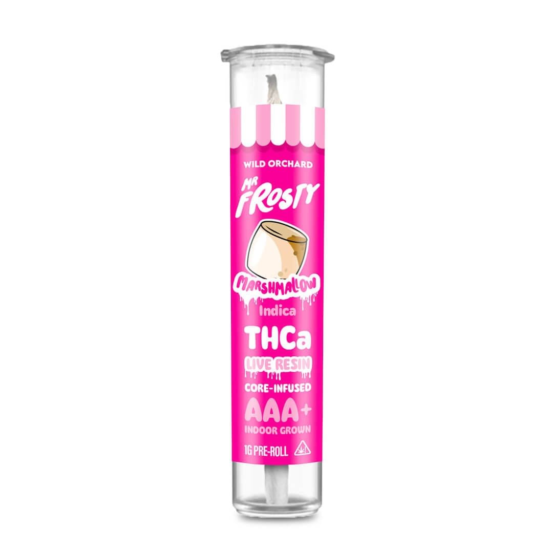 A sleek pink and white cylindrical container labeled "Mr. Frosty Live Resin Core-Infused Pre-Roll 'Marshmallow'" highlights its premium live resin and marshmallow-inspired AAA+ indoor grown flower.