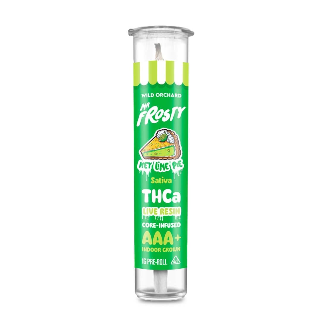 Mr. Frosty Live Resin Core-Infused Pre-Roll "Marshmallow" features a core-infused 1g pre-roll with AAA+ indoor flower and live resin, in a green tube with marshmallow graphics, labeled as Key Lime Pie Sativa THCa.