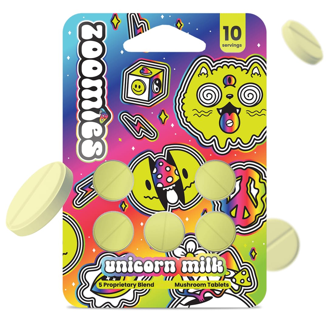 A colorful blister pack labeled "Zoomies Unicorn Milk" with six yellow tablets, psychedelic cartoon designs, and text stating "5 Proprietary Blend Mushroom Tablets, 10 servings.