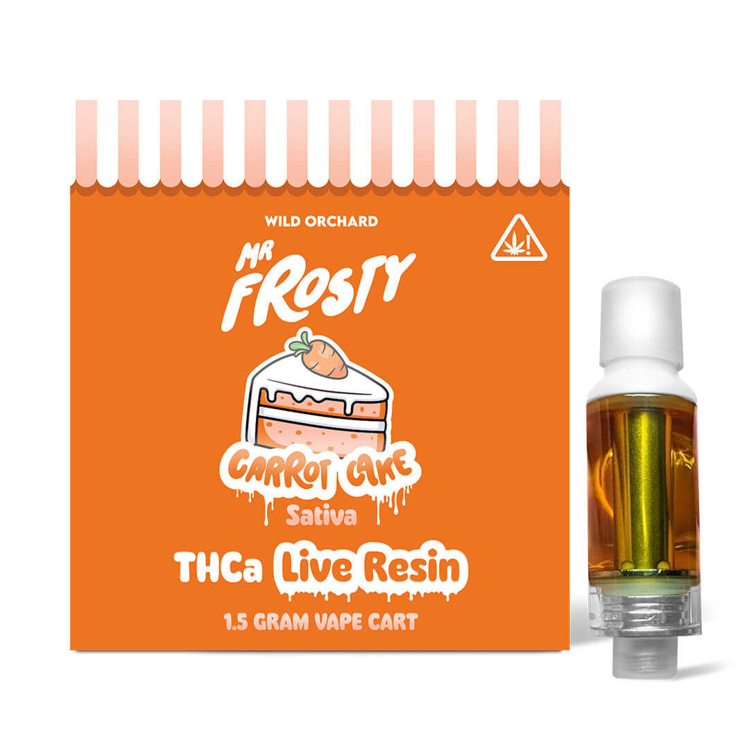 An orange box labeled "Mr. Frosty Carrot Cake Sativa THCa Live Resin 1.5 Gram Vape Cart" is shown next to a filled vape cartridge.