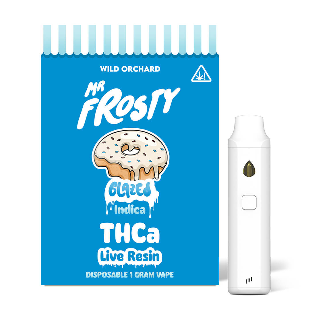 Blue packaging labeled "Mr. Frosty Glazed Indica THCa Live Resin Disposable 1 Gram Vape" with a white vape pen beside it.