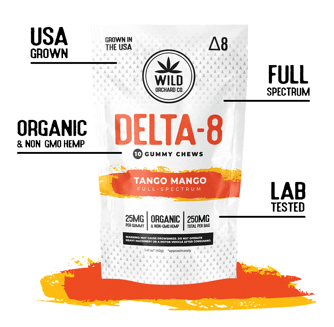 The Wild Orchard Co packaging of the Variety 3-Pack Delta 8 Gummies – Mango flavor is made from USA-grown, organic, non-GMO hemp. These full spectrum edibles are lab tested and have 25mg per gummy.