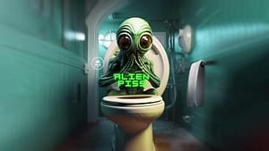 A cartoon alien sitting in a toilet.