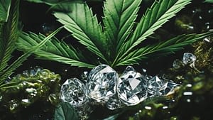 THCa Diamonds and marijuana leaves in a mossy area.