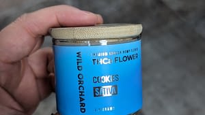 Hand holding a jar labeled "THCa Flower, Cookies Sativa, Wild Orchard, 3.5 grams" with a blue label and light wooden lid.