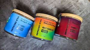 Three jars of Wild Orchard THCa Flower on a gray surface. Labels read: "Cookies Sativa," "Jolly Rancher Indica," and "Pandora Hybrid.