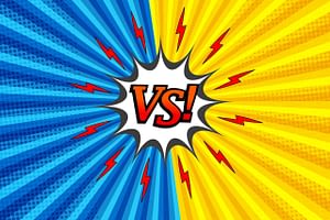 Comic-style image with "VS!" in the center on a burst background. On the left, Delta 10 THC vs. THCa theme in blue with red lightning bolts; on the right, a vibrant yellow with more red lightning bolts.